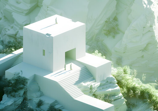 極簡(jiǎn)主義白色建筑3D，帶樓梯，位于超現(xiàn)實(shí)景觀中