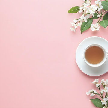 粉色背景上的白色花朵和茶杯