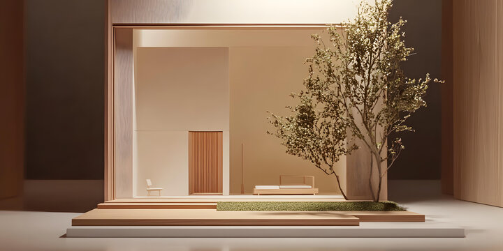 極簡主義建筑模型，帶一個小樹