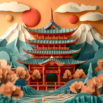 剪紙：日本寺廟與桃花