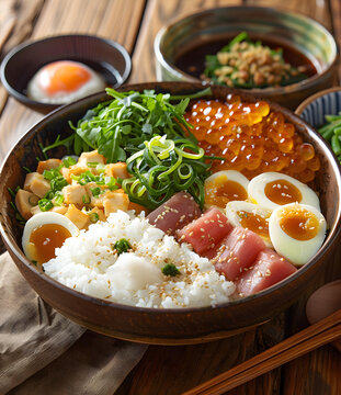 日式金槍魚(yú)蓋飯配雞蛋和魚(yú)籽