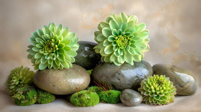 灰色石頭上的綠色花朵