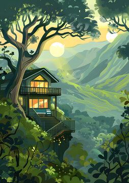 山間小屋風(fēng)景畫
