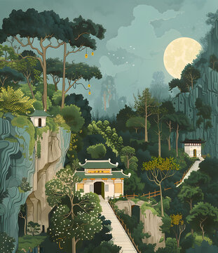 月光下的山間寺廟