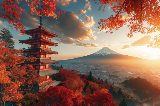 富士山秋景與寶塔