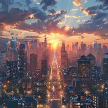 夕陽下的摩天大樓和車水馬龍的街道