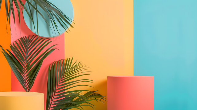 彩色圓柱和棕櫚葉的夏季背景