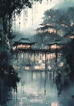 中國傳統(tǒng)繪畫風格的水鄉(xiāng)風景畫