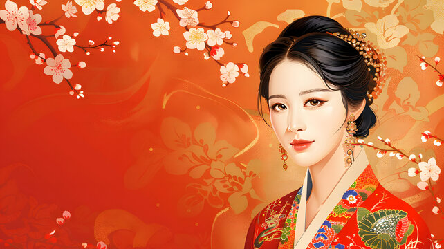 身穿紅色漢服的中國(guó)古代仕女圖