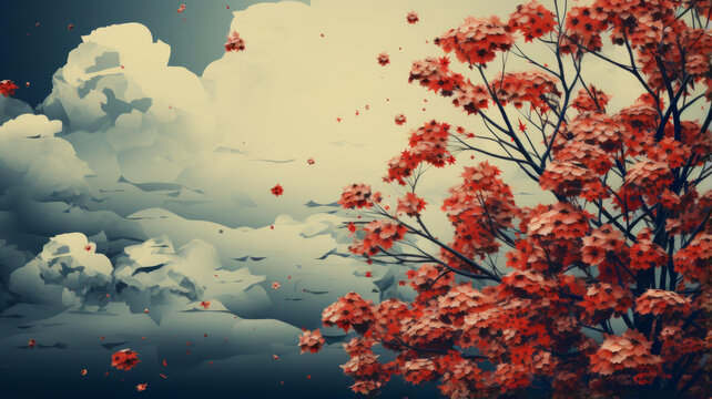 烏云密布的天空下一棵紅色的樹和飄落的樹葉