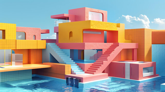 樓梯和游泳池的彩色3D建筑