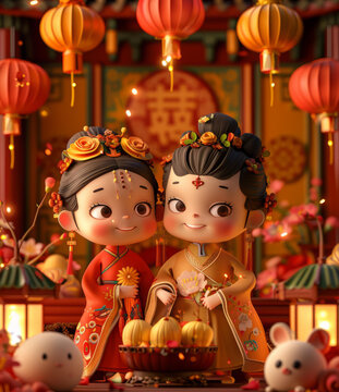 一對身穿中國傳統(tǒng)婚禮服飾的夫婦