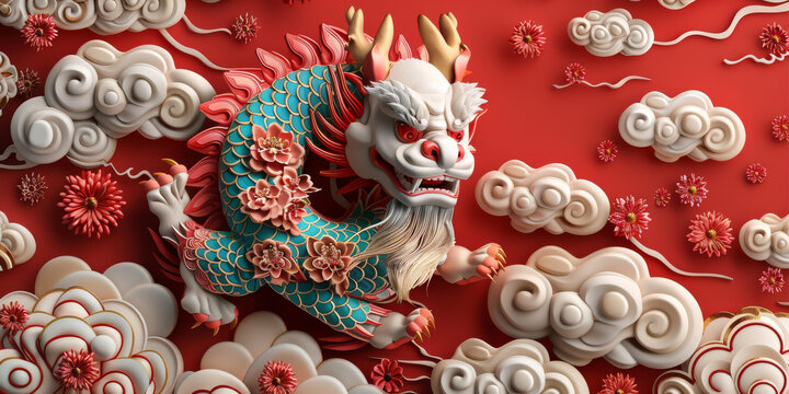 紅色背景上的中國龍與祥云和鮮花