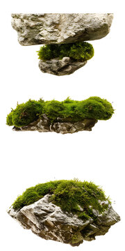 白色背景上三塊覆蓋著綠色苔蘚的石頭平臺(tái)