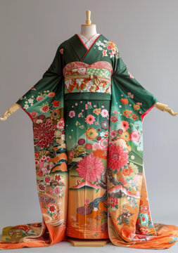 身穿綠色花卉和服的日本藝伎