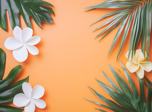 熱帶棕櫚葉和花朵夏季背景