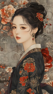 身穿黑色繡花漢服的少女