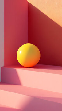 粉色階梯上的黃色球體極簡3D渲染