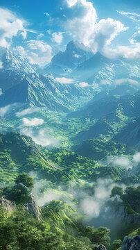 云霧繚繞 山峰聳立