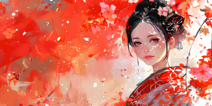 身著紅色和服的日本女性與櫻花