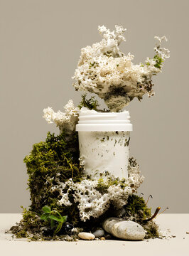 苔蘚巖石上的白色瓶子