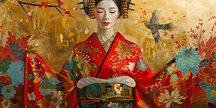 身著紅色和服的日本女性，花卉和鳥