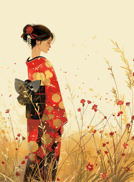 一個身穿紅色和服的女子站在一片紅色和黃色的花田里