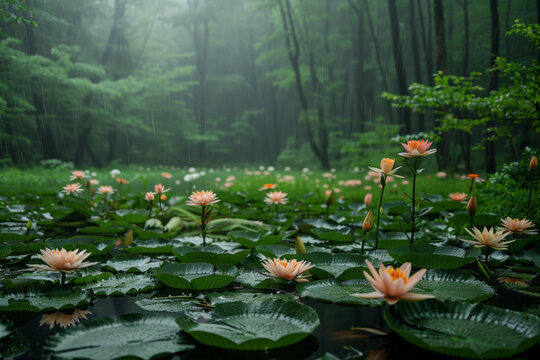 雨中寧靜的荷塘