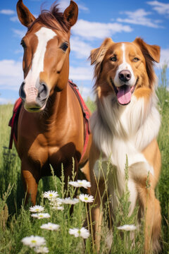 棕色駿馬與邊境牧羊犬在青草地上