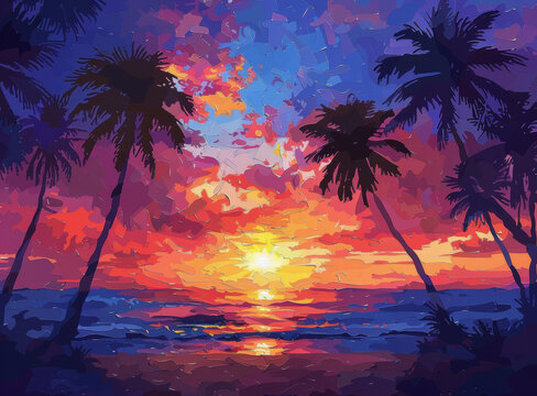 夕陽椰林的AI圖片