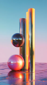 閃光金屬球體和圓柱體的抽象 3D 渲染