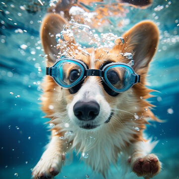 戴著游泳鏡在水下暢游的小柯基犬