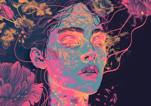 花卉圖案裝飾的臉的女人