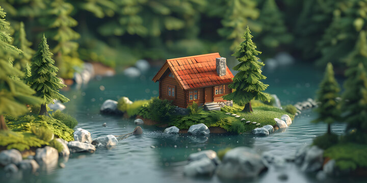 河流島嶼上的小木屋