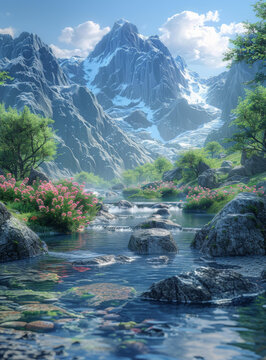 雪山河谷與野花