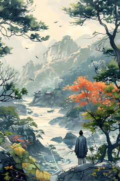 山川水色, 亞洲男子遠(yuǎn)眺山水畫