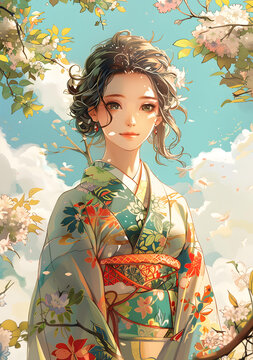 一個穿著和服的美麗日本女人站在花田里。