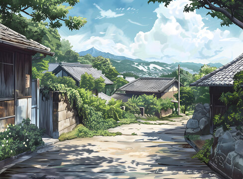 山村風(fēng)景，日式房屋和山脈