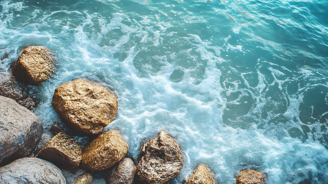 海灘上的巖石和泡沫浪花