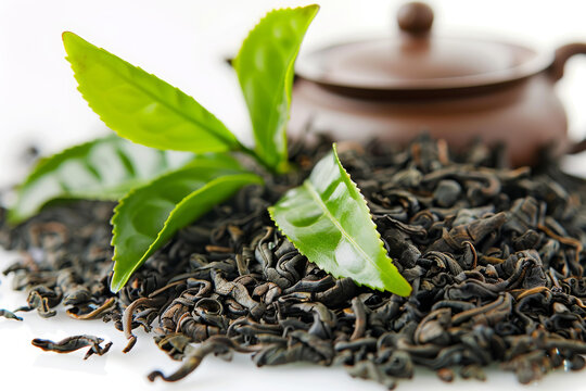 綠茶葉上放著烏龍茶葉背景是一把紫砂壺