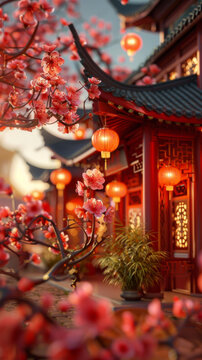 中國(guó)風(fēng)唯美庭院與櫻花紅燈籠