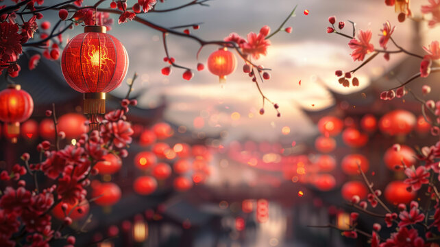 春節(jié)的紅燈籠和櫻花