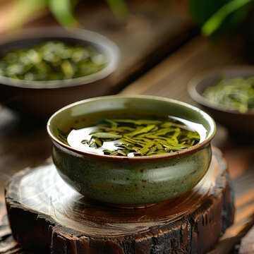 碧綠的龍井茶湯在青瓷杯中杯置于木質(zhì)茶臺上