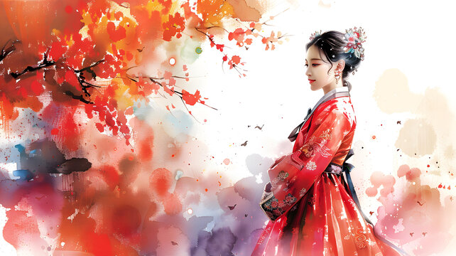 身穿韓國傳統(tǒng)服飾的美麗韓國女子站在一片紅花地里。