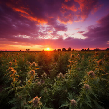 夕陽下一片成熟的大麻植物