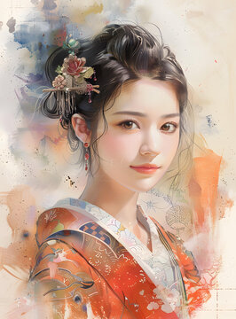一個身穿紅色和白色背景的和服的美麗亞洲女人的插圖