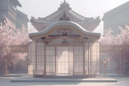 日式木結(jié)構(gòu)建筑與櫻花樹