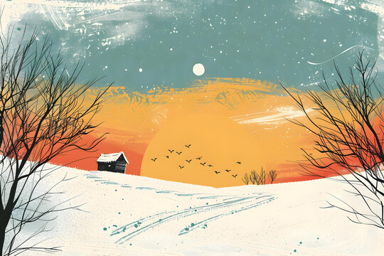 冬季小屋日落雪景