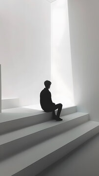 極簡主義空間內(nèi)，男子坐在白色臺(tái)階上的剪影