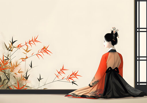 身穿漢服的女子跪坐在屋內(nèi)，手邊有一盆竹子盆栽。
